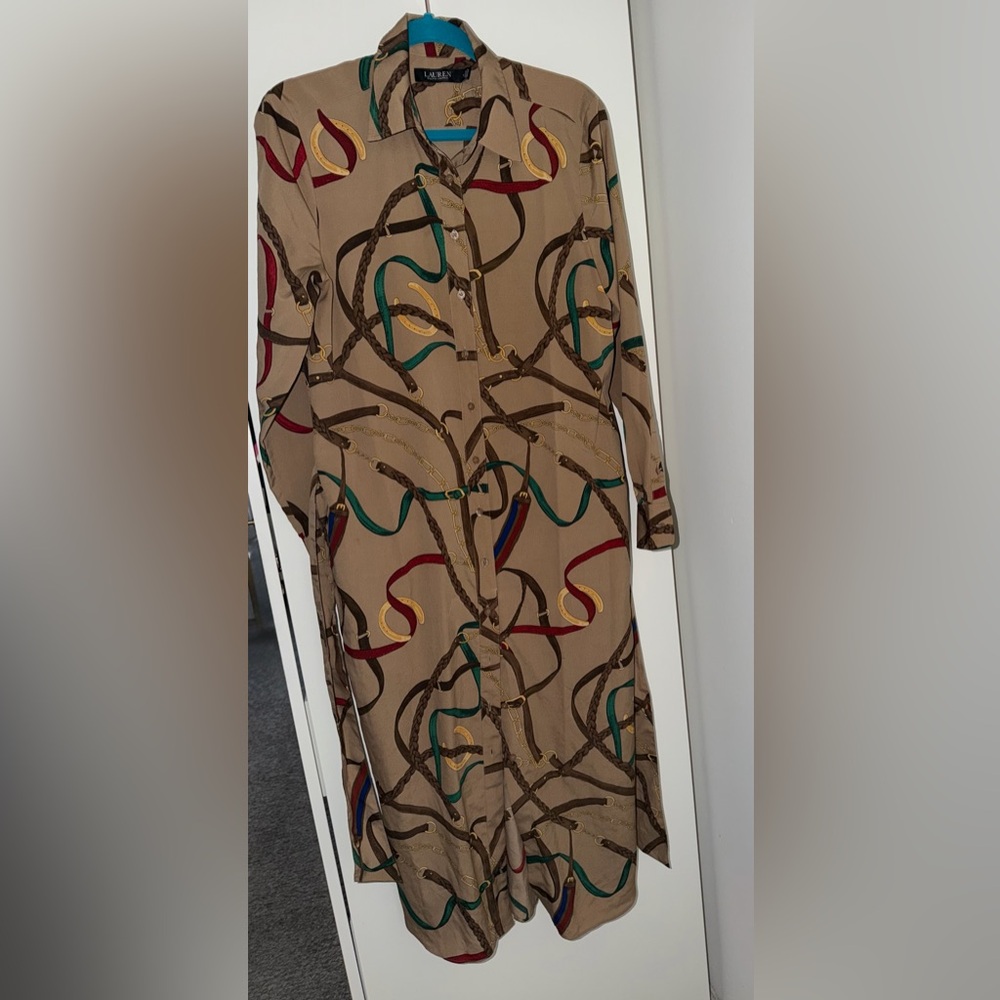 Ralph Lauren Beige Long-Sleeve Chain Print Shirt Dress - Picture 2 of 5